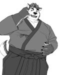  anthro asian_clothing belly blush canid canine canis clothing dog_operator domestic_dog east_asian_clothing greyscale hi_res japanese_clothing kimono lifewonders live_a_hero male mammal monochrome oaks16 overweight pecs protagonist_(live_a_hero) simple_background solo white_background 