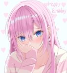  1girl blue_eyes blush cc_lin chinese_commentary collarbone commentary_request covering_mouth double-parted_bangs english_commentary eyelashes eyes_visible_through_hair hair_between_eyes hand_on_own_cheek hand_on_own_face hand_up happy_birthday head_tilt heart heart-shaped_pupils heart_background highres hood hood_down hoodie kawaii_dake_ja_nai_shikimori-san looking_at_viewer mixed-language_commentary pink_hair shikimori_(kawaii_dake_ja_nai) sidelocks simple_background sleeves_past_wrists solo straight_hair striped striped_hoodie symbol-shaped_pupils upper_body white_background 