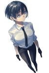  1girl black_hair blue_eyes collar dual_wielding gun handgun highres holding looking_to_the_side necktie original pants rasetsu001 shirt short_hair sleeves_rolled_up solo weapon white_background white_shirt 