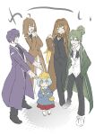  2boys 3girls aged_down ahoge angela_(project_moon) asymmetrical_hair bag black_necktie blue_hair blue_shirt blush bow bowtie brooch brown_bow brown_bowtie brown_hair child closed_eyes coat dainatsu female_child full_body green_hair hair_bun hairband hand_in_pocket hand_up hat highres hod_(project_moon) jewelry kindergarten_bag kindergarten_uniform laughing library_of_ruina long_hair long_sleeves malkuth_(project_moon) multiple_boys multiple_girls name_tag necktie netzach_(project_moon) open_collar own_hands_together pleated_skirt project_moon purple_coat purple_hair red_hairband red_skirt school_hat shirt single_hair_bun skirt smock standing undone_necktie white_background white_shirt yellow_eyes yellow_headwear yesod_(project_moon) 