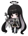  1girl absurdly_long_hair ahoge arknights ascot belt belt_buckle belt_pouch black_belt black_bustier black_footwear black_hair black_halo black_pouch black_skirt blunt_bangs blush bow_(music) broken_halo buckle bustier buttons cello chibi closed_mouth collared_jacket colored_inner_hair commentary dark_halo dress_shirt full_body gloves grey_ascot grey_eyes grey_gloves grey_hair grey_outline grey_shirt grey_thighhighs halo hands_up head_tilt highres hime_cut holding holding_bow_(music) holding_instrument holding_violin instrument invisible_floor jacket layered_sleeves long_hair long_sleeves looking_at_viewer miniskirt multicolored_hair myam_(ne0524) outline pale_skin pleated_skirt pouch shirt shoe_strap shoes short_over_long_sleeves short_sleeved_jacket short_sleeves sidelocks simple_background skirt smile solo sparkle standing thighhighs two-tone_hair very_big_eyes very_long_hair violin virtuosa_(arknights) white_background white_belt white_jacket wide_sleeves wing_collar zettai_ryouiki 