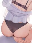  1girl artist_name aru_(blue_archive) ass ass_focus barefoot black_bra black_panties blue_archive bra feet good_ass_day grey_background head_out_of_frame off_shoulder on_ground panties rryiup shadow shiny_skin shirt signature sitting soles solo toes underwear white_shirt 
