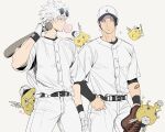  2boys bandaid bandaid_on_arm baseball baseball_bat baseball_cap baseball_mitt baseball_uniform belt black_belt black_eyes black_hair black_undershirt blue_eyes bubble_blowing chewing_gum closed_mouth cowboy_shot ear_piercing eyewear_on_head getou_suguru gloves gojou_satoru hat holding holding_baseball_bat jujutsu_kaisen kukig8765 male_focus monster multiple_boys pants piercing profile round_eyewear shirt short_hair simple_background smile sportswear sunglasses tsurime white_background white_gloves white_hair white_pants white_shirt 