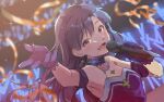  1girl arm_guards armpits bare_shoulders blue_choker blue_gloves blue_hair blurry blurry_background blush brown_eyes choker collarbone confetti earrings flat_chest gem gloves glowstick holding holding_microphone idolmaster idolmaster_(classic) idolmaster_million_live! idolmaster_million_live!_theater_days jewelry kisaragi_chihaya kuzuya_ramurin long_hair looking_at_viewer microphone necklace open_mouth pearl_(gemstone) reaching_towards_viewer smile solo stage 