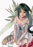  1girl bare_shoulders blood breasts dress green_eyes green_hair green_ribbon hair_flaps highres long_hair looking_at_viewer painting_(medium) plant ribbon saya_(saya_no_uta) saya_no_uta simple_background sitting small_breasts smile solo strap traditional_media vigload_leviael vines watercolor_(medium) white_background white_dress wings 