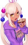  1girl ahoge dark-skinned_female dark_skin eating food hair_bobbles hair_ornament highres holding holding_food hololive hololive_english hood hood_down hoodie limiter_(tsukumo_sana) long_hair long_sleeves looking_at_viewer open_mouth planet_hair_ornament print_hoodie purple_hoodie simple_background solo toast tsukumo_sana twintails upper_body very_long_hair virtual_youtuber white_background white_hair yatagarasu_(tsukumo_sana) yellow_eyes yoako 