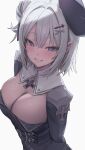  1girl absurdres azur_lane blush breasts cleavage cleavage_cutout clothing_cutout freng grey_hair grin hair_bun highres jade_(azur_lane) large_breasts looking_at_viewer mole mole_under_eye simple_background single_side_bun smile solo tilted_headwear uniform upper_body white_background 