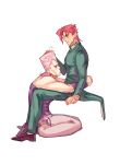  2608337875 2boys absurdres chair cheekbones earrings gakuran headpat highres jean_pierre_polnareff jewelry jojo_no_kimyou_na_bouken kakyoin_noriaki kneeling male_focus multiple_boys pout purple_eyes red_hair school_uniform sitting stardust_crusaders tears 