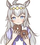  1girl animal_ears blue_eyes doughnut eating food horse_ears horse_girl horse_tail looking_at_viewer macaron npoin oguri_cap_(umamusume) solo sprinkles tagme tail umamusume 