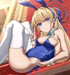  1girl absurdres animal_ears aqua_bow aqua_bowtie bare_arms bare_shoulders blonde_hair blue_archive blue_eyes blue_leotard blush bow bowtie breasts commentary_request fake_animal_ears halo hand_up highres large_breasts leotard looking_at_viewer lying on_back parted_lips playboy_bunny rabbit_ears solo stairs thighhighs toki_(blue_archive) toki_(bunny)_(blue_archive) toukan white_thighhighs wrist_cuffs 
