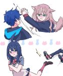  2boys 2girls animal_ears asanaka_yomogi black_hair black_jacket black_skirt blue_eyes blue_hair blush bow bowtie brown_hair bug cat_ears claws fly green_eyes gridman_universe gridman_universe_(film) hair_ornament hetero hibiki_yuuta highres himagosan jacket kicking leg_up long_hair minami_yume multiple_boys multiple_girls pants rabbit_ears rabbit_tail red_bow school_uniform scrunchie shirt shoes short_hair skirt ssss.dynazenon tail takarada_rikka thighs wrist_scrunchie 