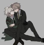  2boys :d aemono_(lemolemo_lmn) black_footwear black_jacket black_necktie black_pants blush collared_shirt danganronpa_(series) danganronpa_2:_goodbye_despair danganronpa_3_(anime) eye_contact green_necktie grey_background grey_hair highres jacket komaeda_nagito long_sleeves looking_at_another male_focus messy_hair multiple_boys naegi_makoto necktie official_alternate_costume pants shirt short_hair simple_background sitting sitting_on_lap sitting_on_person smile white_shirt yaoi 