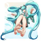  1girl 39 absurdly_long_hair aqua_eyes aqua_hair armpits bare_legs bare_shoulders barefoot belt blue_necktie breasts commentary detached_sleeves eiji_(eiji) feet foot_focus foreshortening full_body hair_between_eyes hair_ribbon hatsune_miku highres long_hair looking_at_viewer medium_breasts miku_day nail_polish necktie open_mouth outstretched_arms pleated_skirt ribbon skirt soles solo tail thighs toenail_polish toenails toes twintails very_long_hair vocaloid wide_sleeves 