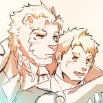  anthro astosis blush braided_hair clothing duo felid hair hi_res human lifewonders line_art lion live_a_hero male male/male male_operator mammal necktie pantherine poteto02888292 protagonist_(live_a_hero) size_difference suit 