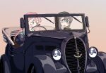  2girls akashi_(kancolle) black_hair blue_eyes blush car commentary_request driving glasses green_eyes hair_between_eyes hair_ribbon hairband kantai_collection kisei_mt long_hair long_sleeves motor_vehicle multiple_girls ooyodo_(kancolle) open_mouth pink_hair red_ribbon ribbon simple_background vehicle_request 