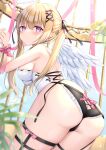  1girl absurdres angel_wings ass bdsm black_panties blonde_hair blurry blurry_background blush bondage bound breasts cage camisole closed_mouth commentary_request feathered_wings hair_between_eyes hair_ornament hair_ribbon highres long_hair looking_at_viewer looking_back medium_breasts miwa_uni original panties purple_eyes ribbon sideboob sidelocks solo standing thighs twintails underwear white_camisole white_wings wings x_hair_ornament 