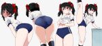  1girl ass ass_visible_through_thighs black_hair blue_buruma breasts buruma clothes_lift commentary from_behind groin_tendon hair_ribbon highres kneehighs kneepits kurokawa_makoto leaning_forward lifted_by_self love_live! love_live!_school_idol_project multiple_views navel one_eye_closed red_eyes red_ribbon ribbon shirt shirt_lift short_sleeves small_breasts smile socks split standing standing_on_one_leg standing_split thighs trembling twintails white_shirt yazawa_nico 
