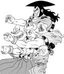  1girl 2boys chain commentary crying cuffs dated david_alegre dragon_ball dragon_ball_z earrings english_commentary family_kamehameha greyscale grin horns japanese_clothes jewelry kamehameha_(dragon_ball) kouzuki_oden long_hair looking_to_the_side momonosuke_(one_piece) monochrome multiple_boys muscular muscular_male one_piece parody rope screentones shackles shimenawa shirt signature simple_background sleeveless sleeveless_shirt smile yamato_(one_piece) 