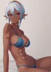  1girl abs armlet bikini blue_bikini breasts choker dark-skinned_female dark_elf dark_skin earrings elf hair_between_eyes hairband jewelry large_breasts looking_at_viewer muscular muscular_female original pointy_ears putcher red_eyes redrawn short_hair solo swimsuit thighs white_hair yellow_choker yellow_hairband 