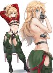  1girl arms_up belly_chain belt black_gloves blonde_hair blush boots braid breasts choker collared_shirt crop_top cropped_sweater fate/apocrypha fate_(series) fingerless_gloves french_braid gloves green_eyes green_pants hair_ornament hair_scrunchie highres jewelry long_hair long_sleeves looking_at_viewer mordred_(fate) mordred_(fate/apocrypha) multiple_views navel o-ring pants parted_bangs ponytail red_scrunchie red_sweater scrunchie shirt short_sleeves shrug_(clothing) sidelocks simple_background small_breasts smile sweater tonee variant_set white_shirt 