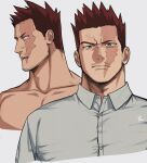  1boy bara beard beard_stubble boku_no_hero_academia collarbone collared_shirt cropped_torso endeavor_(boku_no_hero_academia) facial_hair frown highres large_pectorals looking_at_viewer looking_to_the_side male_focus mature_male multiple_views muscular muscular_male mustache_stubble nude pectorals red_hair scar scar_across_eye shirt short_hair sideburns spiked_hair tonta_(tonta1231) turning_head 
