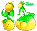  &lt;3 anthro belly big_belly big_breasts blonde_hair breasts dialogue featureless_breasts featureless_crotch female green_body green_eyes hair hi_res hose_in_butt hose_inflation huge_breasts hyper hyper_belly hyper_breasts inflation lazygartuz multicolored_body navel nude rocio_(lazygartuz) scalie simple_background solo sound_effects speech_bubble text unknown_species yellow_body 