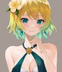  1girl blonde_hair breasts cleavage criss-cross_halter earrings fire_emblem fire_emblem_heroes fjorm_(fire_emblem) flower green_eyes green_hair grey_background hair_flower hair_ornament halterneck hand_up highres jewelry jurge multicolored_hair short_hair simple_background solo upper_body yellow_flower 