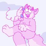  ambiguous_gender anthro claws cloud crinklebonez digital_media_(artwork) fur horn low_res mammal open_mouth phone pink_body pink_fur simple_background sky smile solo tail teeth tongue 