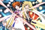  2girls absurdres bardiche black_ribbon blonde_hair brown_hair ekaki_kukuma fate_testarossa hair_ribbon highres lyrical_nanoha magic magical_girl mahou_shoujo_lyrical_nanoha multiple_girls purple_eyes raising_heart red_eyes ribbon short_twintails sword takamachi_nanoha twintails weapon white_ribbon yuri 