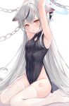  1girl animal_ears armpits arms_up bare_arms bare_shoulders black_dress blue_archive breasts chain cleavage_cutout clothing_cutout covered_navel crying crying_with_eyes_open dress floppy_ears frown grey_hair highres kokona_(blue_archive) long_hair looking_at_viewer multicolored_hair no_panties no_shoes open_mouth pelvic_curtain rangtori red_eyes sitting sleeveless sleeveless_dress small_breasts solo streaked_hair striped striped_dress sweat tears thighhighs thighs very_long_hair wariza white_thighhighs 