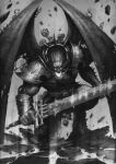  absurdres angron armor black_blade butchers_nails chaos_(warhammer) cracking_ground demon_primarch dragon_wings gauntlets highres holding holding_sword holding_weapon khorne layered_armor mask misha_savier monochrome pauldrons power_armor primarch shoulder_armor simple_background skull sword warhammer_40k weapon white_background wings 