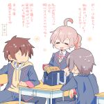  1girl 2boys ahoge bag brown_hair chair check_translation closed_eyes desk genderswap genderswap_(mtf) highres jacket long_hair long_sleeves multiple_boys neck_ribbon onii-chan_wa_oshimai! open_mouth oyama_mahiro pink_hair ribbon sakurada_yuuta school_bag school_desk school_uniform senkawa_minato sitting sweatdrop table translation_request yucopi 