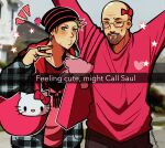  2boys absurdres arms_up bag bald beanie black_headwear blue_eyes blush bow breaking_bad brown_hair brown_pants closed_eyes double_v facial_hair grey_jacket grin hair_bow hat heart heart_print hello_kitty hello_kitty_(character) highres huyandere jacket jesse_pinkman jewelry long_hair long_sleeves male_focus multiple_boys o3o outdoors outline pants pink_bag pink_bow pink_nails pink_shirt plaid plaid_jacket print_shirt ring shirt shoulder_bag signature skull_print smile snapchat star_(symbol) stuffed_animal stuffed_toy teddy_bear unmoving_pattern upper_body v very_long_hair walter_white white_outline 