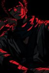  1boy arm_tattoo black_background cowboy_shot facial_tattoo frown grmms_otk hand_up jujutsu_kaisen looking_at_viewer male_focus red_eyes red_theme robe ryoumen_sukuna_(jujutsu_kaisen) scarf short_hair simple_background sitting solo tattoo 