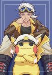  1boy black_footwear black_shirt boots brown_eyes brown_jacket captain_pikachu clothed_pokemon crossed_arms facing_viewer friede_(pokemon) goggles goggles_on_head hand_on_own_cheek hand_on_own_face haruto_irasuto hat highres jacket looking_at_viewer male_focus open_clothes open_jacket pants pikachu pokemon pokemon_(anime) pokemon_(creature) pokemon_horizons shirt short_hair sitting standing white_hair white_pants 