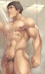  1boy 8_(yamalu) abs bara brown_hair closed_mouth completely_nude flaccid idolmaster idolmaster_side-m large_pectorals male_focus male_pubic_hair muscular muscular_male navel nipples nude pectorals penis pubic_hair shingen_seiji short_hair shower_(place) showering solo water wet wet_face wet_hair 