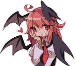  1girl :3 ahoge bat_wings black_vest black_wings closed_mouth collared_shirt hair_between_eyes hand_on_own_cheek hand_on_own_face head_wings heart juliet_sleeves koakuma long_hair long_sleeves looking_at_viewer necktie puffy_sleeves red_eyes red_hair red_necktie shirt simple_background solo touhou upper_body vest white_background white_shirt wings zuomerika 