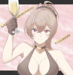  1girl absurdres anniversary azur_lane bare_shoulders black_dress black_gloves blush breasts brown_hair champagne_flute cleavage co-de collarbone congratulations cup dress drinking_glass gloves highres jean_bart_(azur_lane) jean_bart_(uninhibited_bloodstone)_(azur_lane) large_breasts long_hair looking_at_viewer ponytail purple_eyes sleeveless sleeveless_dress solo upper_body 