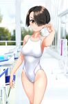  1girl absurdres black_hair blurry blurry_background bob_cut breasts commentary_request competition_swimsuit covered_navel cowboy_shot eyes_visible_through_hair girls_und_panzer green_eyes hair_over_one_eye highres inverted_bob medium_breasts multicolored_clothes one-piece_swimsuit outdoors poolside short_hair solo starting_block swimsuit takafumi two-tone_swimsuit vanilla_(girls_und_panzer) variant_set white_one-piece_swimsuit 