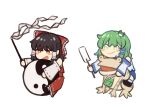  black_hair blue_skirt blush_stickers bow bright_pupils brown_footwear chibi chinese_commentary closed_mouth commentary_request detached_sleeves frilled_bow frilled_hair_tubes frilled_skirt frills frog frog_hair_ornament full_body gohei green_eyes green_hair hair_bow hair_ornament hair_tubes hakurei_reimu half_updo haojbleng kochiya_sanae long_hair looking_afar medium_bangs open_mouth orb red_bow red_eyes red_shirt red_skirt ribbon-trimmed_sleeves ribbon_trim riding riding_animal shirt shoes sidelocks simple_background skirt skirt_set sleeveless sleeveless_shirt smile snake_hair_ornament socks touhou v-shaped_eyebrows white_background white_pupils white_shirt white_sleeves white_socks wide_sleeves yin_yang yin_yang_orb 