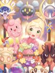  1girl alternate_costume blonde_hair character_request cosmog green_eyes highres japanese_clothes kimono kinocopro lillie_(pokemon) looking_at_viewer open_mouth pink_kimono pinwheel pokemon pokemon_(creature) solo 