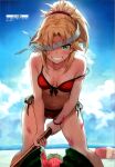  2girls absurdres bare_shoulders bavel bikini blindfold blindfold_slip blonde_hair blue_sky breasts cloud cloudy_sky collarbone day fate/apocrypha fate/grand_order fate_(series) food fruit green_eyes highres holding holding_weapon long_hair looking_at_viewer mordred_(fate) mordred_(fate/apocrypha) multiple_girls ocean off_shoulder parted_lips ponytail red_bikini scan side-tie_bikini_bottom simple_background sky small_breasts stomach swimsuit teeth tonee water weapon 