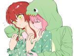  2girls :&lt; biting blush bocchi_the_rock! closed_eyes closed_mouth collarbone commentary_request dinosaur_hood dress frilled_dress frills from_behind gotoh_hitori green_eyes green_one-piece_swimsuit hair_between_eyes highres kita_ikuyo long_hair long_sleeves multiple_girls neck_biting one-piece_swimsuit onesie pajamas pink_hair red_hair sidelocks simple_background swimsuit upper_body white_background yamamura_saki yuri 