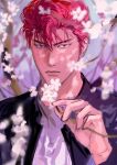  1boy bishounen black_eyes black_jacket cherry_blossoms close-up closed_mouth dappled_sunlight highres holding holding_plant jacket looking_at_viewer male_focus mukur_sd open_clothes open_jacket outdoors plant pompadour red_hair sakuragi_hanamichi shirt short_hair slam_dunk_(series) solo sunlight toned toned_male upper_body white_shirt 