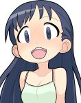  1girl @_@ black_hair blue_eyes blush breasts camisole cleavage commentary_request ear_blush green_camisole hospital_king imae_megumi long_hair looking_at_viewer medium_bangs medium_breasts nose_blush open_mouth simple_background smile solo teeth upper_body upper_teeth_only watashi_ga_motenai_no_wa_dou_kangaetemo_omaera_ga_warui! white_background 