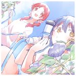  2girls :d blue_hair blue_sky brown_eyes day flower gochuumon_wa_usagi_desu_ka? hair_between_eyes hair_ornament hair_scrunchie hetareeji hose jouga_maya leaf long_hair looking_at_viewer low_twintails multiple_girls natsu_megumi o3o open_mouth outdoors plant red_hair scrunchie shirt short_hair short_sleeves sky smile twintails watering white_scrunchie white_shirt yellow_eyes 