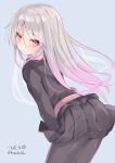  1girl absurdres artist_name black_pantyhose black_serafuku black_skirt blush cowboy_shot grey_background grey_hair hair_between_eyes highres hizaka kantai_collection kikuzuki_(kancolle) long_hair long_sleeves one-hour_drawing_challenge pantyhose pleated_skirt red_eyes school_uniform serafuku signature simple_background skirt solo twitter_username 