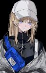  1girl aogisa baseball_cap black_background black_bodysuit blonde_hair blue_eyes bodysuit closed_mouth expressionless fanny_pack girls&#039;_frontline hat highres light_blush long_hair looking_at_viewer scar-h_(girls&#039;_frontline) simple_background solo turtleneck_bodysuit upper_body white_headwear 