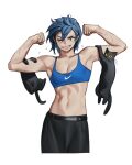  1girl black_cat blue_hair blue_sports_bra breasts cat cleavage flexing hair_ornament hairclip navel one_eye_closed original parted_lips rinotuna scratches short_hair simple_background smile solo sports_bra white_background 