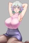  1girl alternate_costume armpits arms_behind_head arms_up black_pantyhose blue_eyes blue_skirt bow braid breasts commentary_request green_bow grey_hair hair_bow highres izayoi_sakuya large_breasts lips pantyhose parted_lips pencil_skirt pink_shirt raised_eyebrow red_pupils shiraue_yuu shirt short_hair simple_background sitting skirt sleeveless sleeveless_turtleneck solo touhou turtleneck twin_braids wariza 